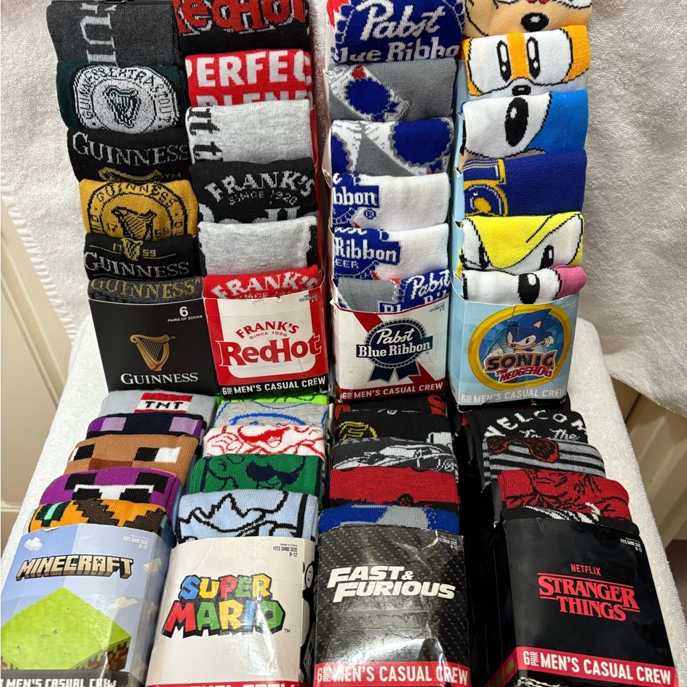 Lot of 6 graphic sock boxes - total of 36 pairs of socks!